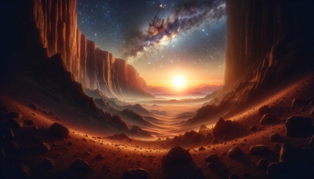 Blick aus einem Canyon auf dem Mars in Richtung Weltraum während eines Sonnenaufgangs