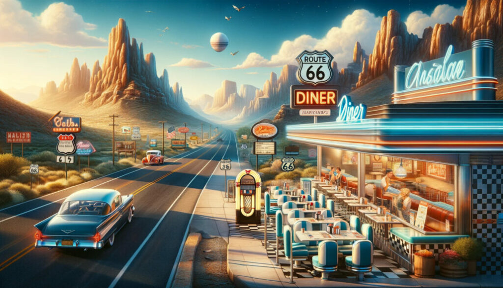 Eine Szene eines klassischen amerikanischen Diners an der Route 66.