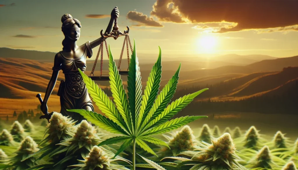 Eine Cannabisblüte mit einer Waage der Gerechtigkeit im Hintergrund, um soziale Gerechtigkeit zu symbolisieren