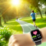 Eine moderne Smartwatch am Handgelenk einer Person beim Joggen in einem Park, Querformat