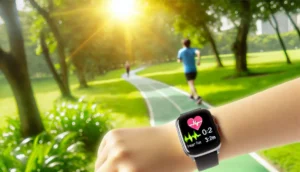 Eine moderne Smartwatch am Handgelenk einer Person beim Joggen in einem Park, Querformat